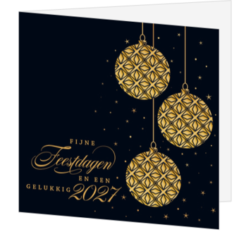 Kerstkaart met gouden kerstballen en sterren
