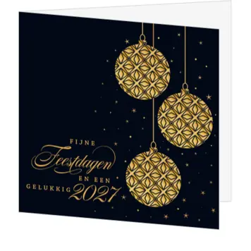 kerstkaart met gouden kerstballen en sterren