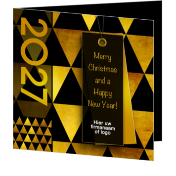 Kerstkaart met gouden label en stijlvolle zwart-gouden look