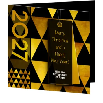 Kerstkaart met gouden label en stijlvolle zwart-gouden look