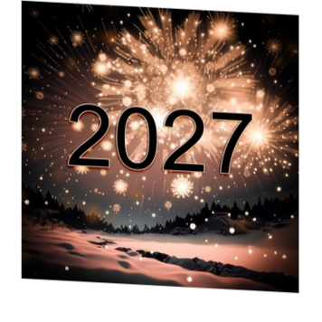 Feestelijke kerstkaart met vuurwerk boven winters landschap