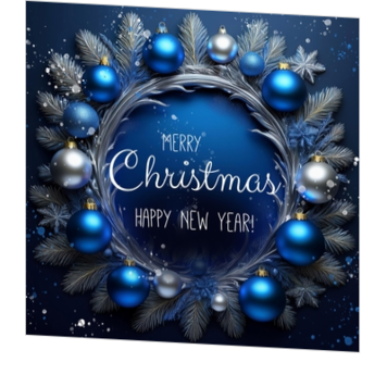 Stijlvolle kerstkaart met zilveren krans en blauwe kerstballen