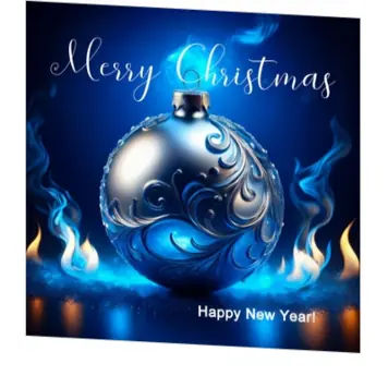 kerstkaart met blauwe kerstbal en zilveren details