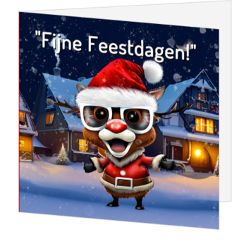 Grappige kerstkaart met Rudolph als kerstman