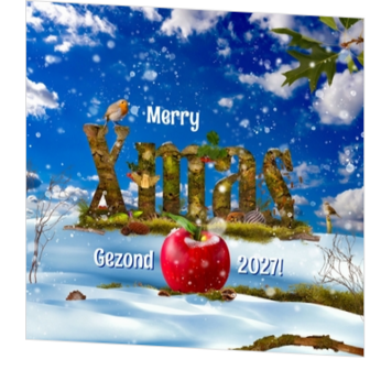 Kerstkaart met winters tafereel en rood appeltje