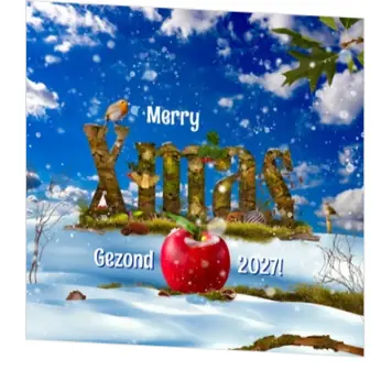 Kerstkaart met winters tafereel en rood appeltje