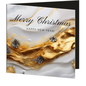 Luxe kerstkaart met gouden golf en zilveren ornamenten