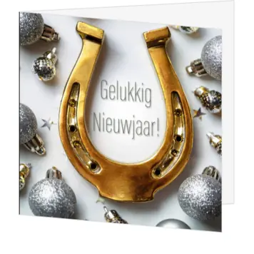 Kerstkaart met gouden hoefijzer en zilveren kerstballen