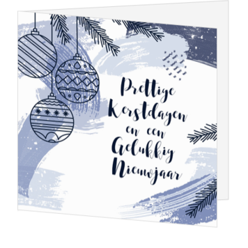Kerstkaart met blauwe kerstballen en kersttakken