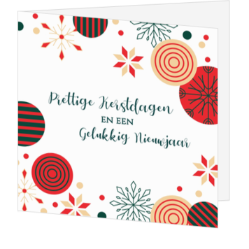 Moderne kerstkaart met grafische kerstballen en sneeuwvlokken