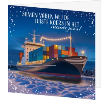 Kerstkaart met vrachtschip in winterse avondsfeer