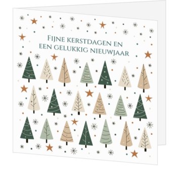 Kerstkaart met speelse kerstbomen en sterren