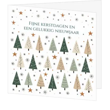 Kerstkaart met speelse kerstbomen en sterren