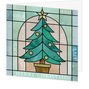 Kerstkaart met moderne kerstboom in glas-in-loodstijl