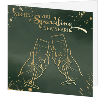 Luxe kerstkaart met champagneglazen en gouden details