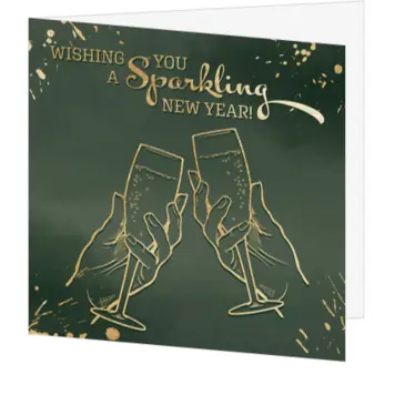 Luxe kerstkaart met champagneglazen en gouden details
