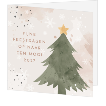 Beige kerstkaart met kerstboom en sneeuwvlokken