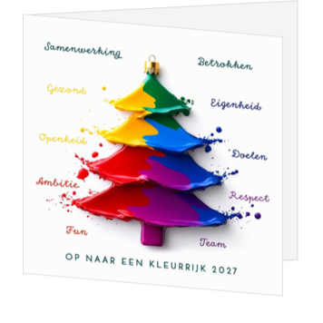 Kerstkaart met kleurrijke kerstboom en kernwaarden