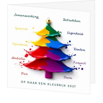 Kerstkaart met kleurrijke kerstboom en kernwaarden