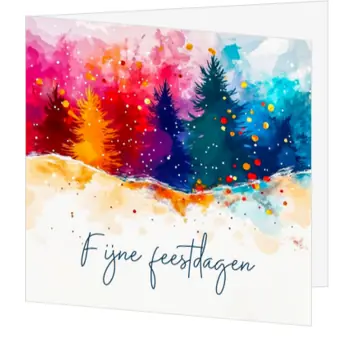 Kerstkaart met kleurrijke aquarel dennenbomen