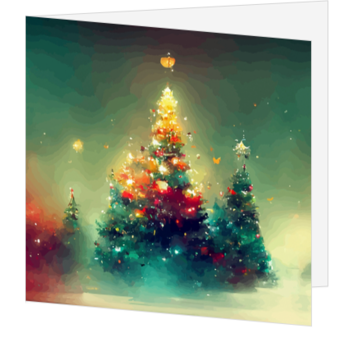 Kerstkaart met waterverf kerstbomen en warme lichtjes