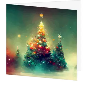 Kerstkaart met waterverf kerstbomen en warme lichtjes