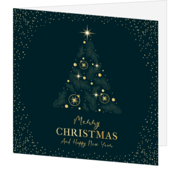 Stijlvolle kerstkaart met gouden confetti en kerstboom