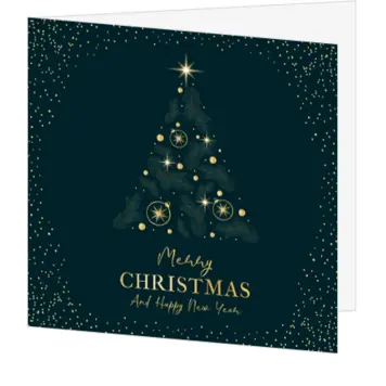 Stijlvolle kerstkaart met gouden confetti en kerstboom