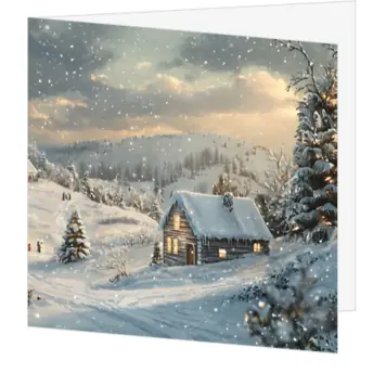 Kerstkaart met sfeervol winters landschap en huisje