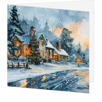 Sfeervolle kerstkaart met besneeuwd winterdorp