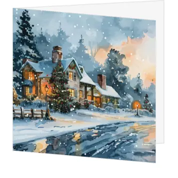 Sfeervolle kerstkaart met besneeuwd winterdorp