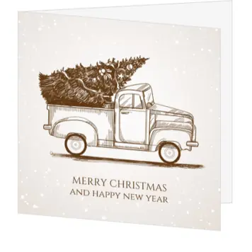 Nostalgische kerstkaart met auto en kerstboom