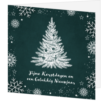 Kerstkaart met witte kerstboom op donkergroene achtergrond
