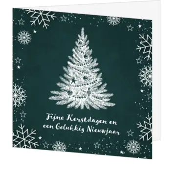 kerstkaart met witte kerstboom op donkergroene achtergrond