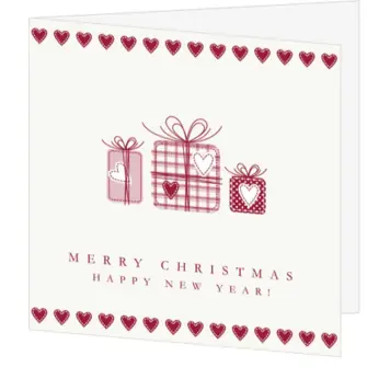 Kerstkaart met cadeautjes en hartjesrand