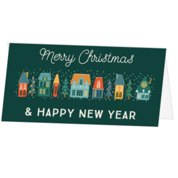 Kerstkaart met vrolijke kersthuisjes en nieuwjaarswens