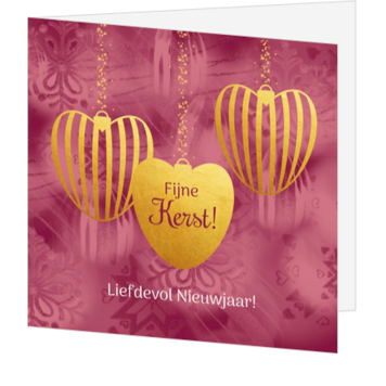 Kerstkaart in oudroze met goudkleurige kerstballen
