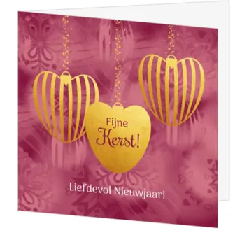 Kerstkaart in oudroze met goudkleurige kerstballen