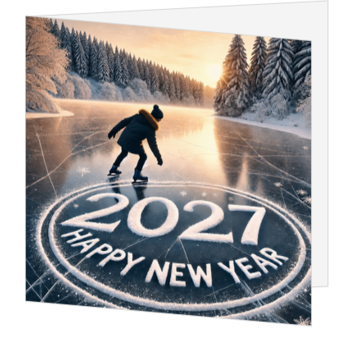 Kerstkaart met schaatser op bevroren meer