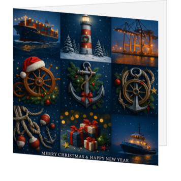 Kerstkaart voor de scheepsvaart met maritieme kerstsfeer