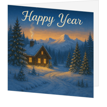 Kerstkaart met winterhuisje in romantisch berglandschap