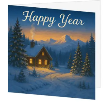Kerstkaart met winterhuisje in romantisch berglandschap