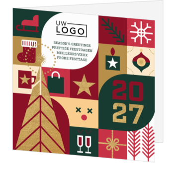 Kerstkaart met modern patchwork en gouden accenten