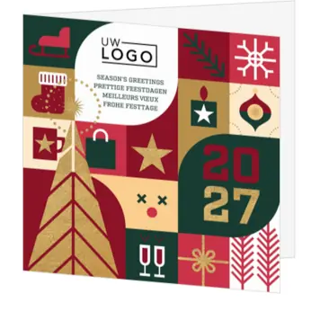 kerstkaart met modern patchwork en gouden accenten