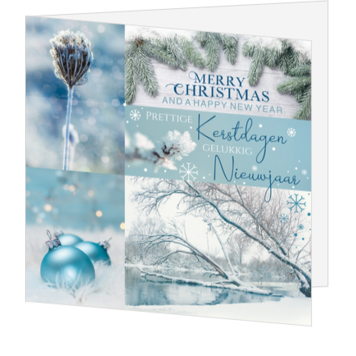 Kerstkaart met winterse collage in blauw