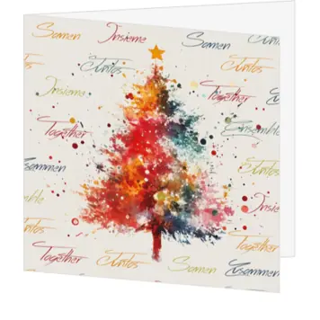 Internationale kerstkaart met kleurrijke kerstboom