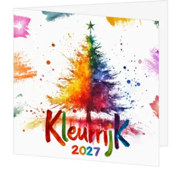 Speelse kerstkaart met kleurrijke verfboom