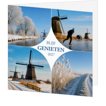 Kerstkaart met winterse molens en schaatsers