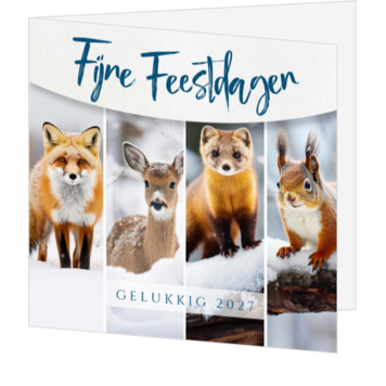 Kerstkaart met winterdieren in sneeuwlandschap