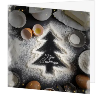 Kerstkaart met kerstboom van bloem en bakspullen
